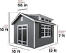 Handy Home Windmere 10x12 shed with dimensions: 10 ft. wide, 12 ft. long, 10 ft. peak height, and 7 ft. sidewall. Features double doors with 56-inch opening, multiple windows, and dormer for ample natural light.