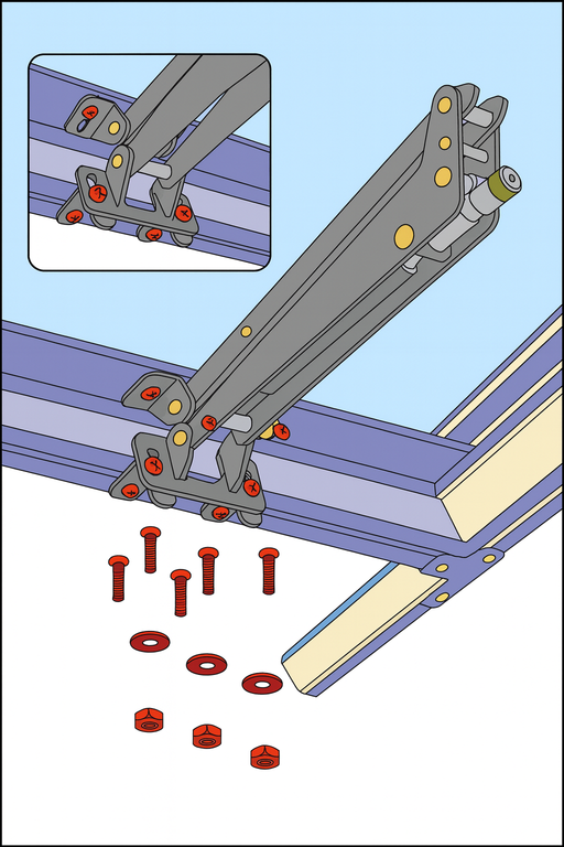 Illustrated installation guide for heavy duty greenhouse window opener, showing brackets, bolts, washers, and assembly points for secure mounting.