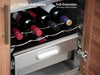 Close-up of the height-adjustable wine rack and full-extension beverage chilling drawer inside the NewAge Classic Bar Cabinet.
