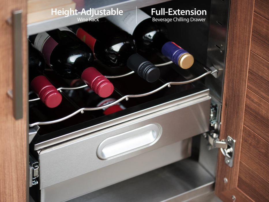 Close-up of the height-adjustable wine rack and full-extension beverage chilling drawer inside the NewAge Classic Bar Cabinet.