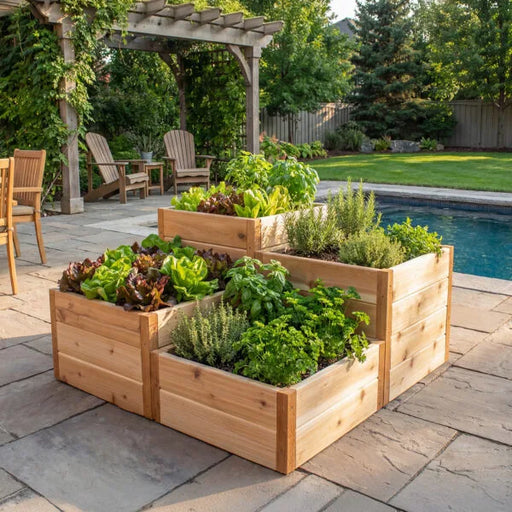 A 3.5x4 Tiered Raised Garden Bed growing fresh lettuce and herbs on a stone patio next to a swimming pool.