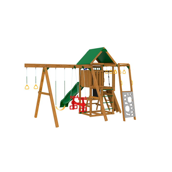 Back view of Playstar Highland Silver Playset with rock wall, ladder, and monkey bar attachments