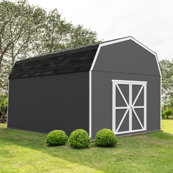 Handy Home Hudson storage shed in a backyard setting with trimmed bushes.
