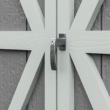Close-up of the door handle on the Handy Home Hudson storage shed.