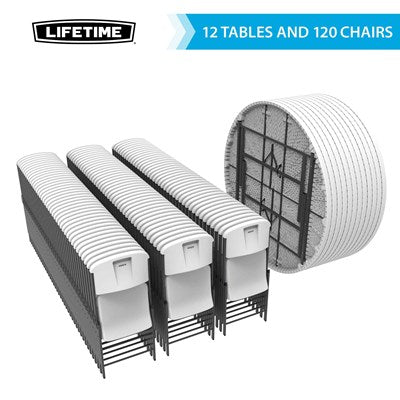 Stacked Lifetime tables and folding chairs set with 12 round tables and 120 chairs, commercial grade event furniture bundle