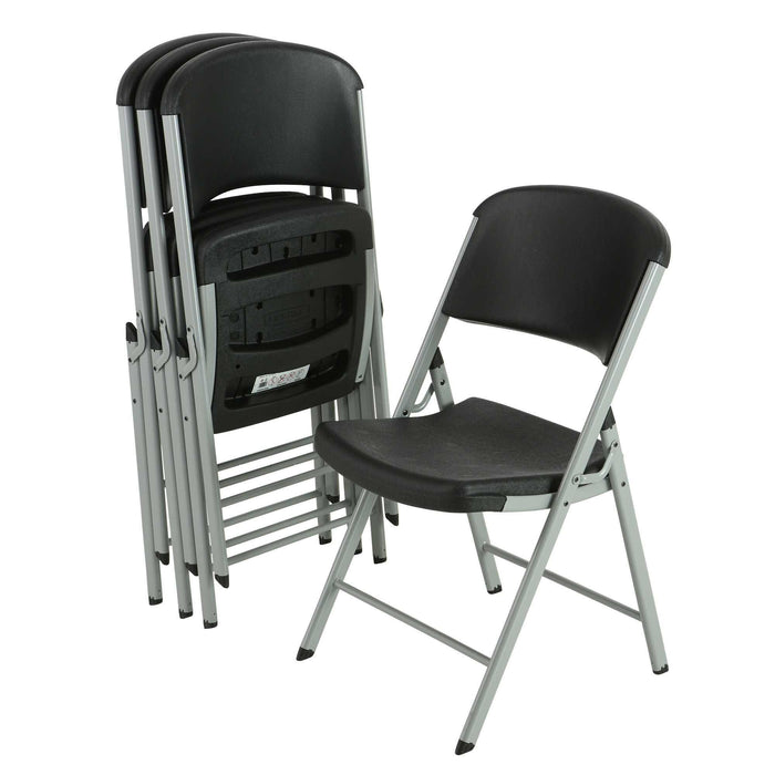 Stack of six Lifetime black folding chairs with one open chair displaying durable steel frame and contoured seat for comfort