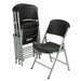 Stack of six Lifetime black folding chairs with one open chair displaying durable steel frame and contoured seat for comfort