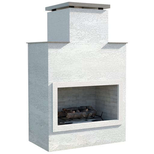 Front angled view of the Cal Flame Escape Fireplace Indio model with stucco finish and tile trim.