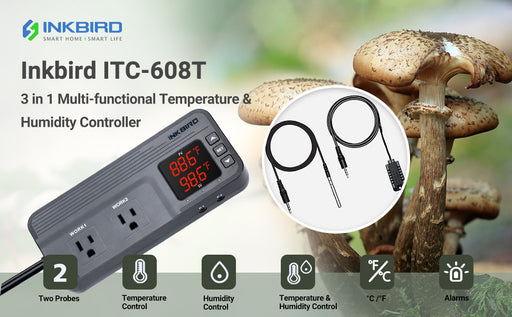 Exaco INKBIRD ITC-608T 3-in-1 thermostat showcasing temperature and humidity probes with greenhouse automation features