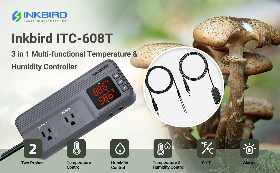 Exaco INKBIRD ITC-608T 3-in-1 thermostat showcasing temperature and humidity probes with greenhouse automation features