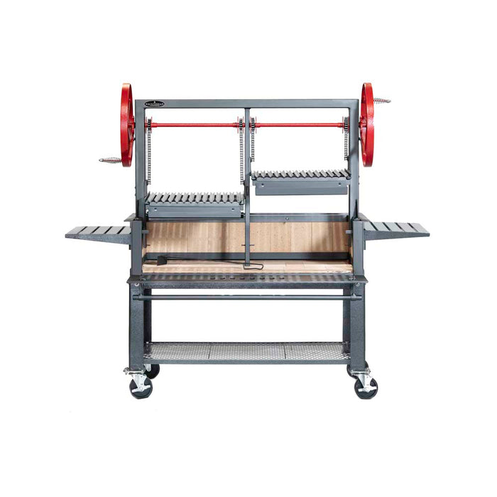 Inside view of the Sunterra Santa Maria BBQ Grill with Cart, featuring dual grilling sections and ample cooking space.