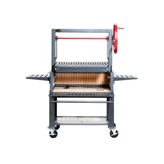 Inside view of the Sunterra Santa Maria BBQ Grill with Cart, showing the spacious grilling area and adjustable rack.