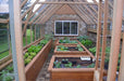 Interior view of a cedar Westminster greenhouse, displaying raised wooden garden beds with lush green plants and an attached stone wall.