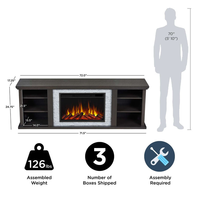 Real Flame Kenai Slim Electric Fireplace TV Stand dimensions diagram: 72W x 24.75H x 17.25D inches, 126 lbs, ships in 3 boxes, assembly required, human silhouette for scale