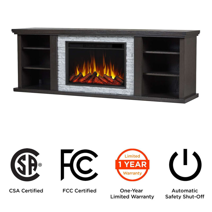 Real Flame Kenai Slim Electric Fireplace TV Stand with CSA Certified, FCC Certified, one-year limited warranty, and automatic safety shut-off certification badges shown below