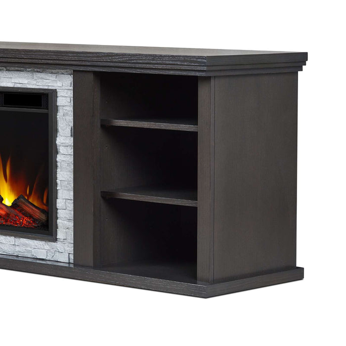Close-up detail of the Real Flame Kenai TV stand right-side open shelving unit in dark oak with two adjustable shelves and lit electric firebox visible