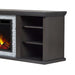 Close-up detail of the Real Flame Kenai TV stand right-side open shelving unit in dark oak with two adjustable shelves and lit electric firebox visible