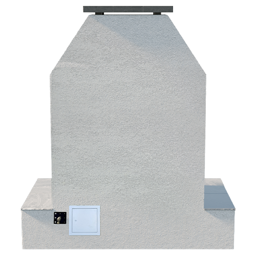 Back panel view of the Cal Flame Platinum Key West fireplace featuring a smooth stucco finish and access panel.