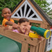 Kids are playing on the telescope of the wooden playset