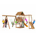 Children enjoying the Playstar Contender Starter playset, swinging, climbing, and sliding on a wooden outdoor fort designed for imaginative play.