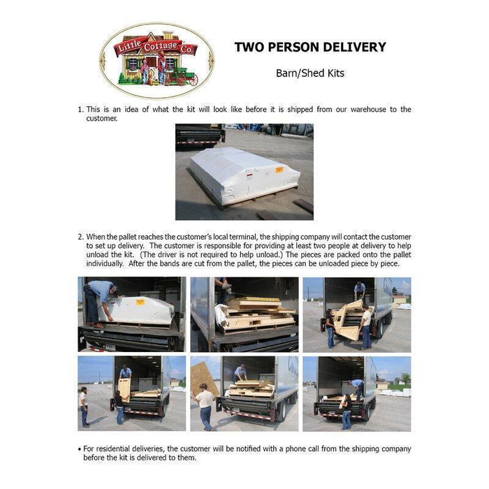 An instructional page showing the two-person delivery process for the Little Cottage Company's Gambrel Barn w/ Floor Kit