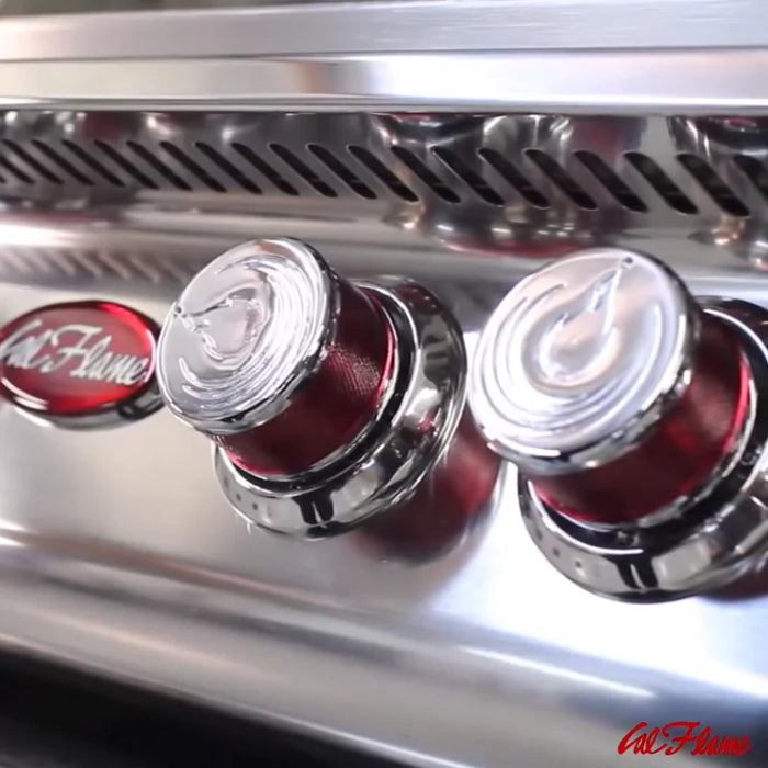 Cal Flame BBQ Island stainless grill knobs close up