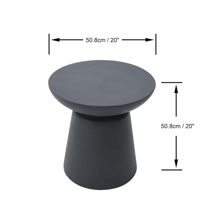 Large slate black side table from the Elementi Kylix Series, displaying height and width dimensions of 50.8 cm.