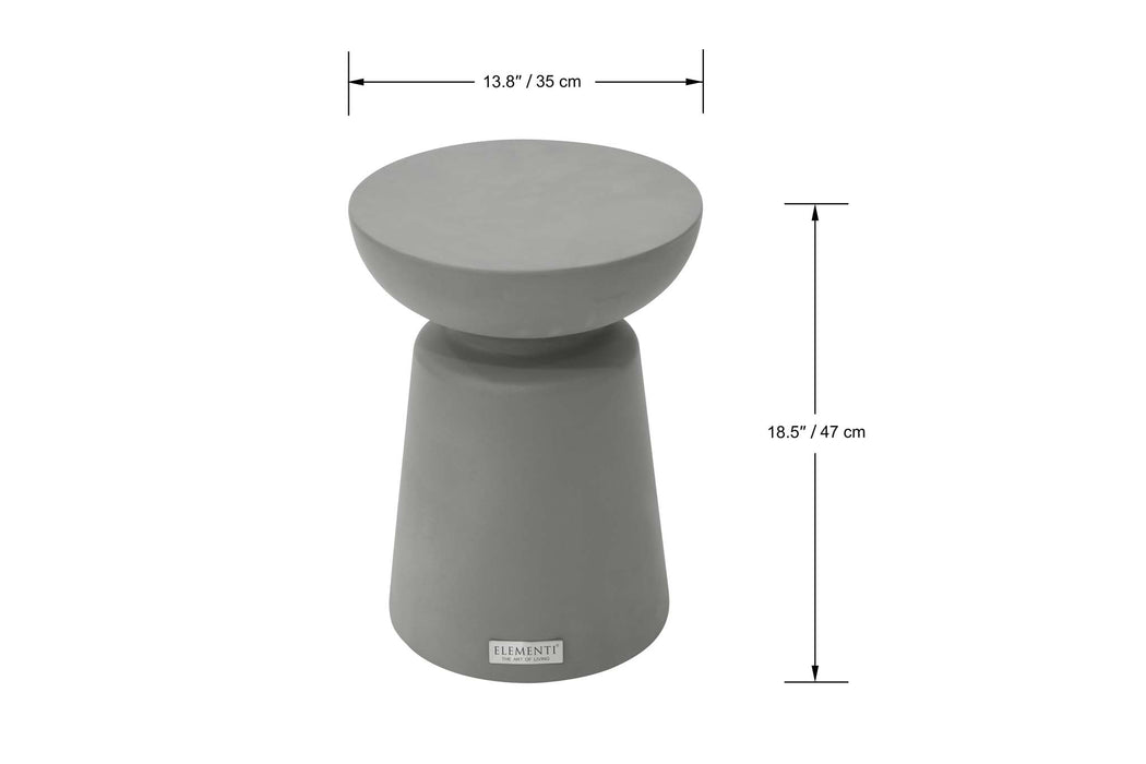 Kylix Series Space grey side table with dimensions indicated, showing a width of 13.8 inches and a height of 18.5 inches.