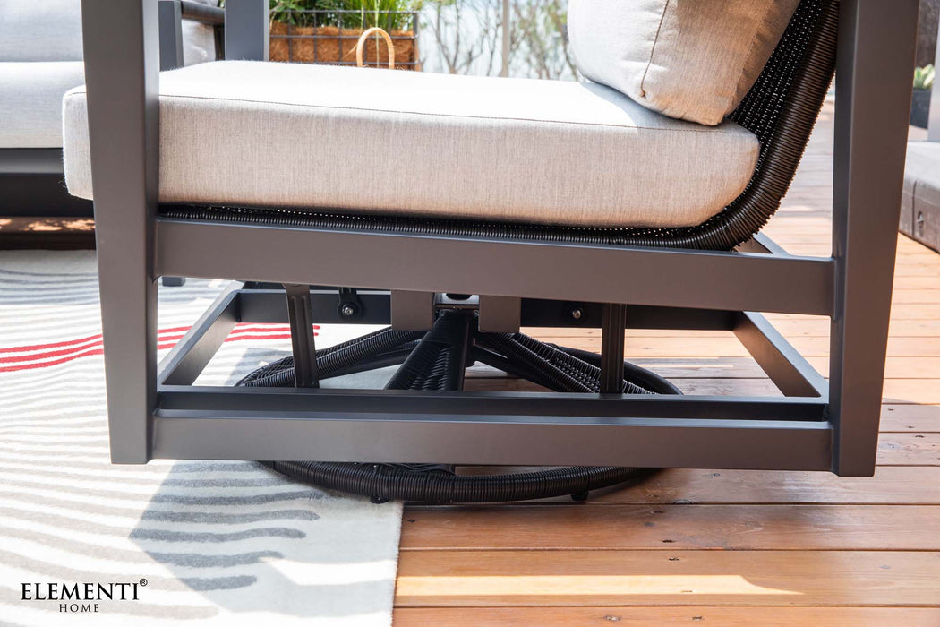 Detailed shot of the swivel mechanism on an Elementi Laguna Collection outdoor chair, showcasing its durable and functional design.