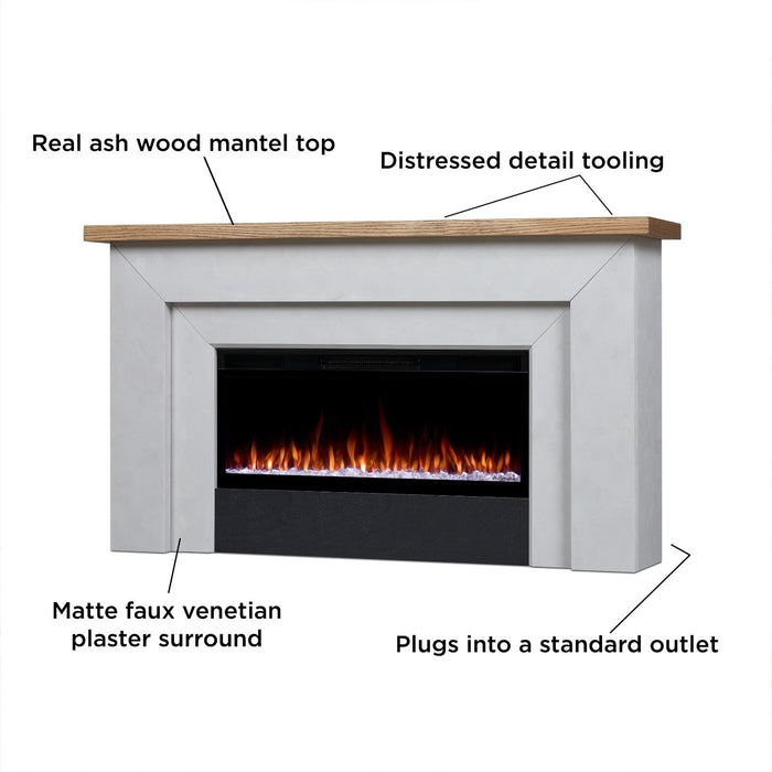 Landscape electric fireplace callout highlighting key features of the Real Flame Malie design