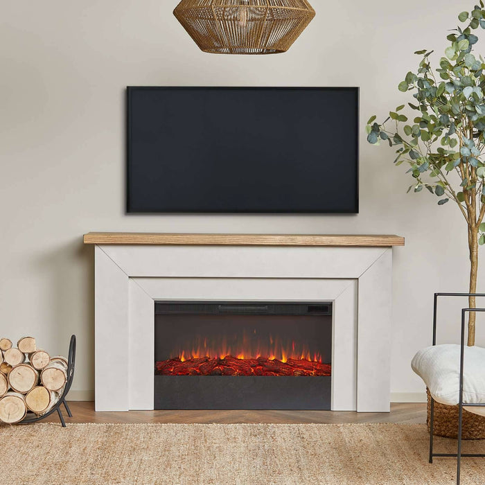 Landscape electric fireplace Malie Standard model lifestyle shot with TV display above