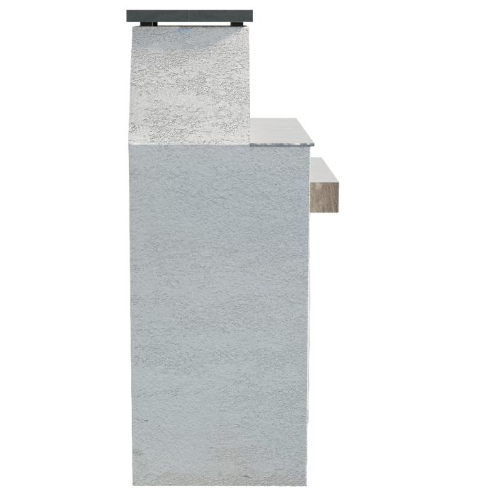 Side profile of the Cal Flame Platinum Laredo fireplace showing stucco body and tile trim.