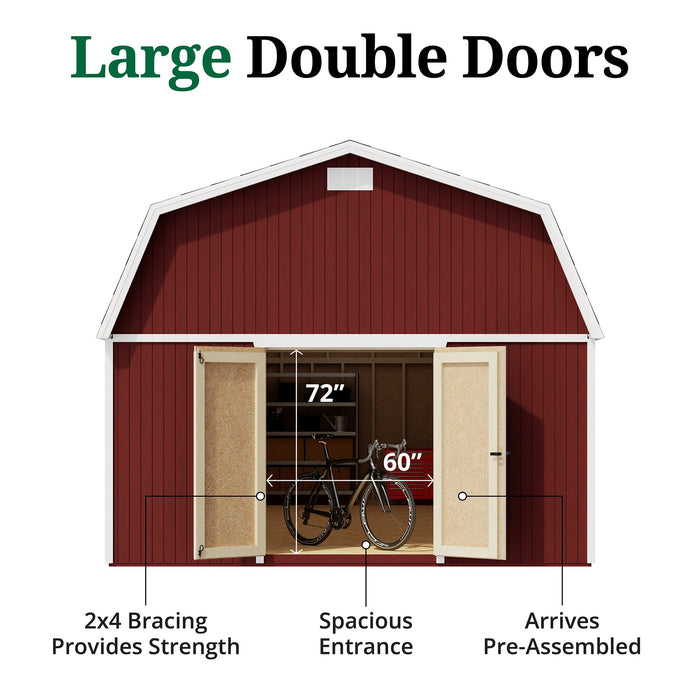 Front view of red Little Cottage Co. Classic Gambrel Large Barn showcasing 72″ tall and 60″ wide pre-assembled double doors with 2x4 bracing for durability and easy access.
