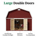 Front view of red Little Cottage Co. Classic Gambrel Large Barn showcasing 72″ tall and 60″ wide pre-assembled double doors with 2x4 bracing for durability and easy access.