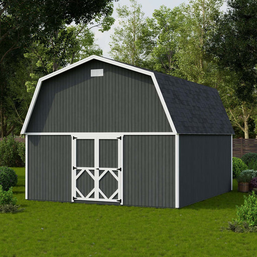 Spacious 16x18 dark gray Little Cottage Co. Classic Gambrel Large Barn with white trim, black shingled roof, and double barn doors set in a lush green backyard.