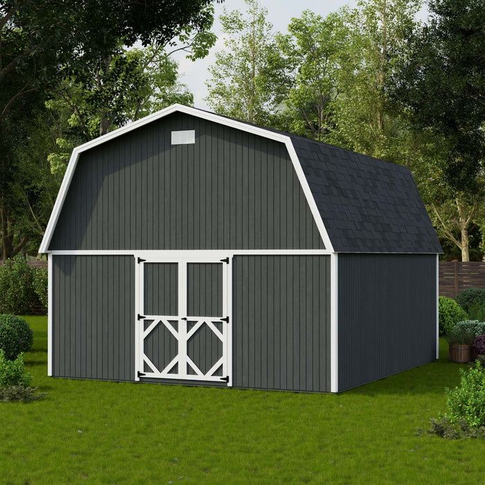 Spacious 16x18 dark gray Little Cottage Co. Classic Gambrel Large Barn with white trim, black shingled roof, and double barn doors set in a lush green backyard.