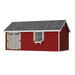 Spacious 12x20 Colonial Pinehurst Shed in red with gray roof, white window trim, and double entry doors.