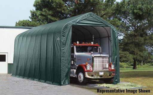 Large semi truck parked inside the green ShelterLogic Sheltercoat 15x20 peak style fabric garage.