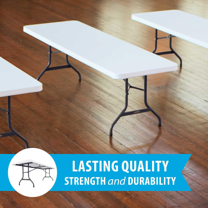 Lifetime 4 Pack 8-Foot Rectangle Folding Table highlighting lasting quality, strength, and durability