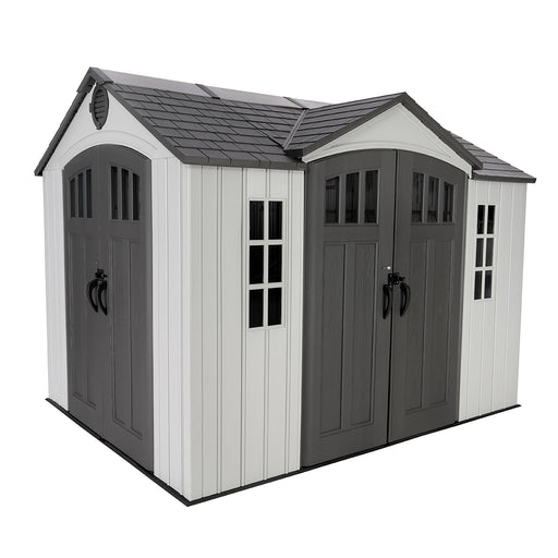 Side angle of the Lifetime 10x8 Dual Entry Storage Shed with detailed door design and window accents.