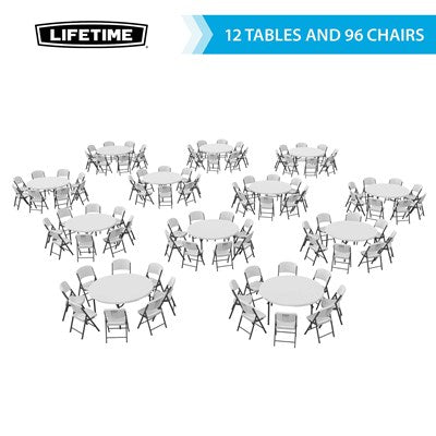Complete Lifetime event package featuring 12 round folding tables and 96 white folding chairs for banquets and parties.