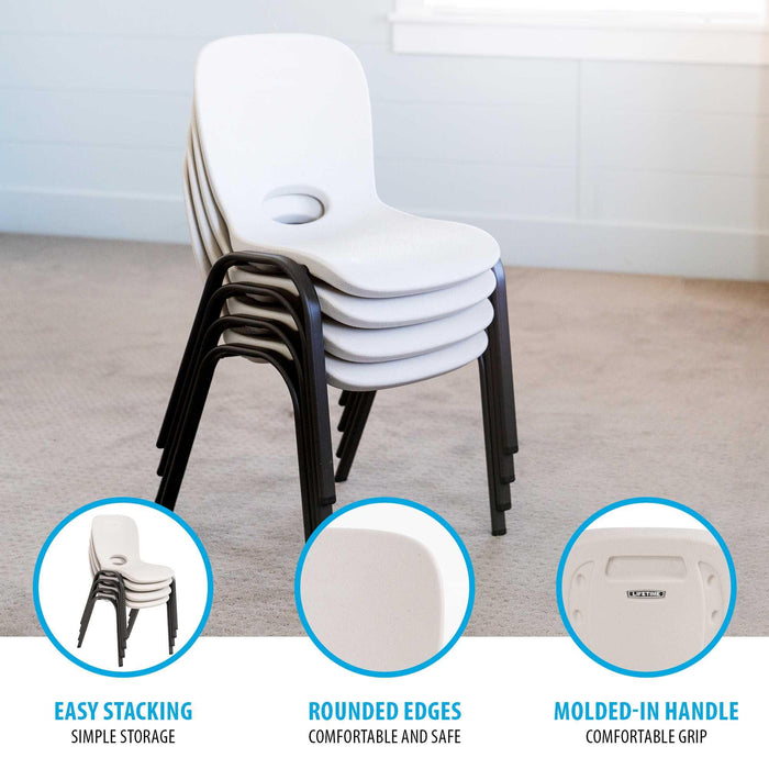 Stacked Lifetime 13 Pack Children's Stack Chair set highlighting easy stacking, rounded edges, and molded-in handle
