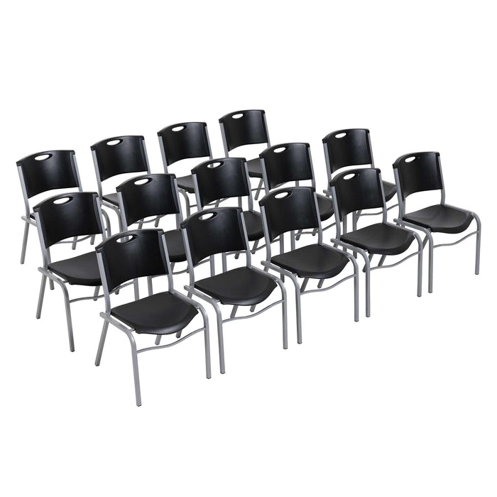 Front view of Lifetime 14 Pack Stacking Chair set with black contoured seats and gray steel frames