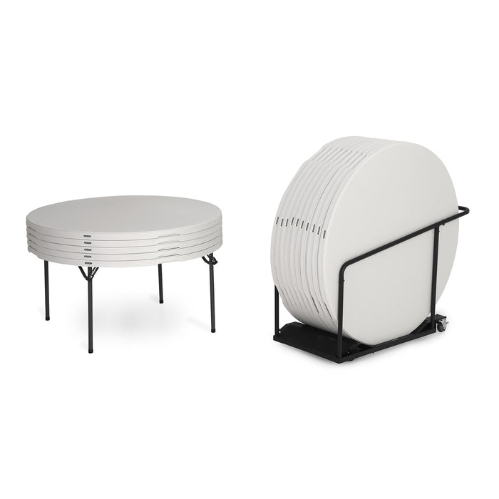 Lifetime 15 Pack 60in Round Tables and Cart Combo stacked together on rolling cart for compact storage