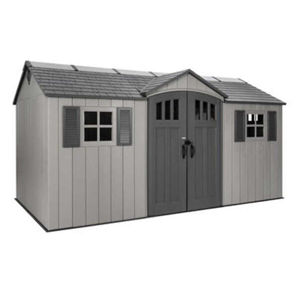 Studio product shot of the Lifetime 15x8 ft. dual entry storage shed, front angle, closed doors, white background.