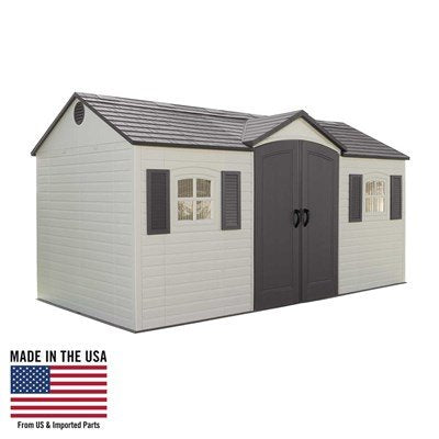 Studio product shot of the Lifetime 15x8 ft. storage shed, front angle, closed doors, Made in USA badge.