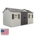 Studio product shot of the Lifetime 15x8 ft. storage shed, front angle, closed doors, Made in USA badge.