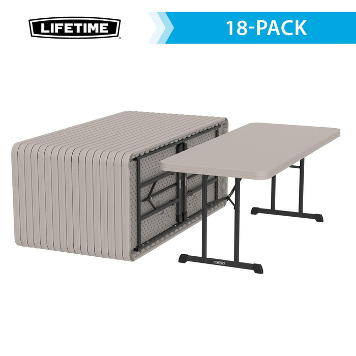 Stacked and open Lifetime 18 Pack Professional Folding Table 6 ft showing storage position and steel frame base