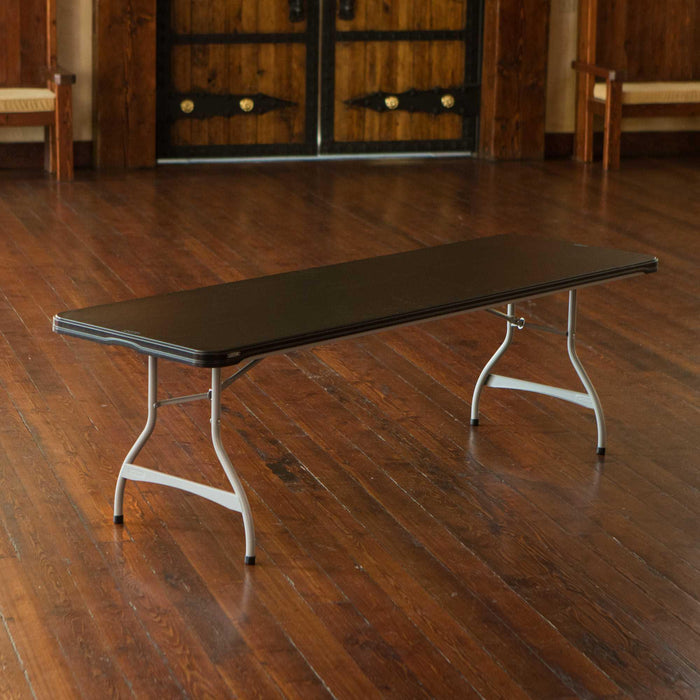 Lifetime 27 Pack 8-Foot Rectangle Nesting Table folded upright showing single-piece top and locking ring mechanism
