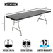 Dimension view of Lifetime 27 Pack 8-Foot Rectangle Nesting Table in black showing 96 x 30 x 29 inches